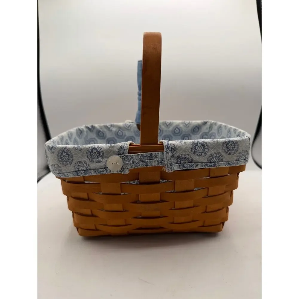 Vintage 2001 Longaberger Handwoven Wood Basket Dresden Ohio - Blue Fabric Liner⁠